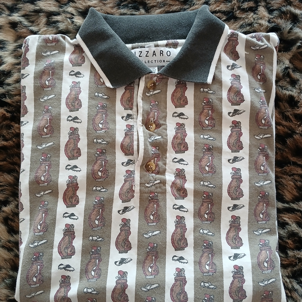 Fizzaro Collection Polo Shirt with Golf Print Vintage 90's Brown/Beige/White (L)